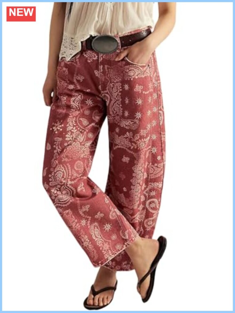 Floral Print Denim Barrel Jeans Wide Leg Mid Rise Ankle Pants